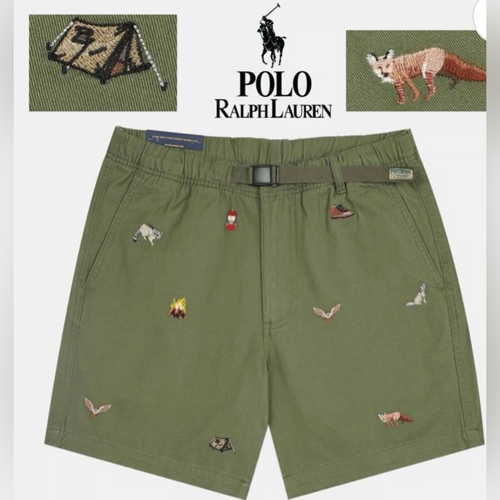 125 Polo Ralph Lauren Voyager Camping Belted Embroidered Chino Shorts Men Size L
